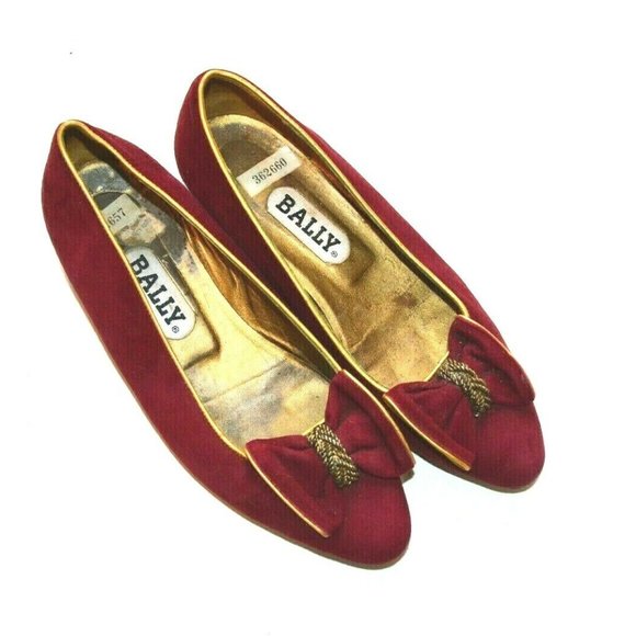 Bally Red Gold Suede Wedge Bow Flats - Picture 1 of 4